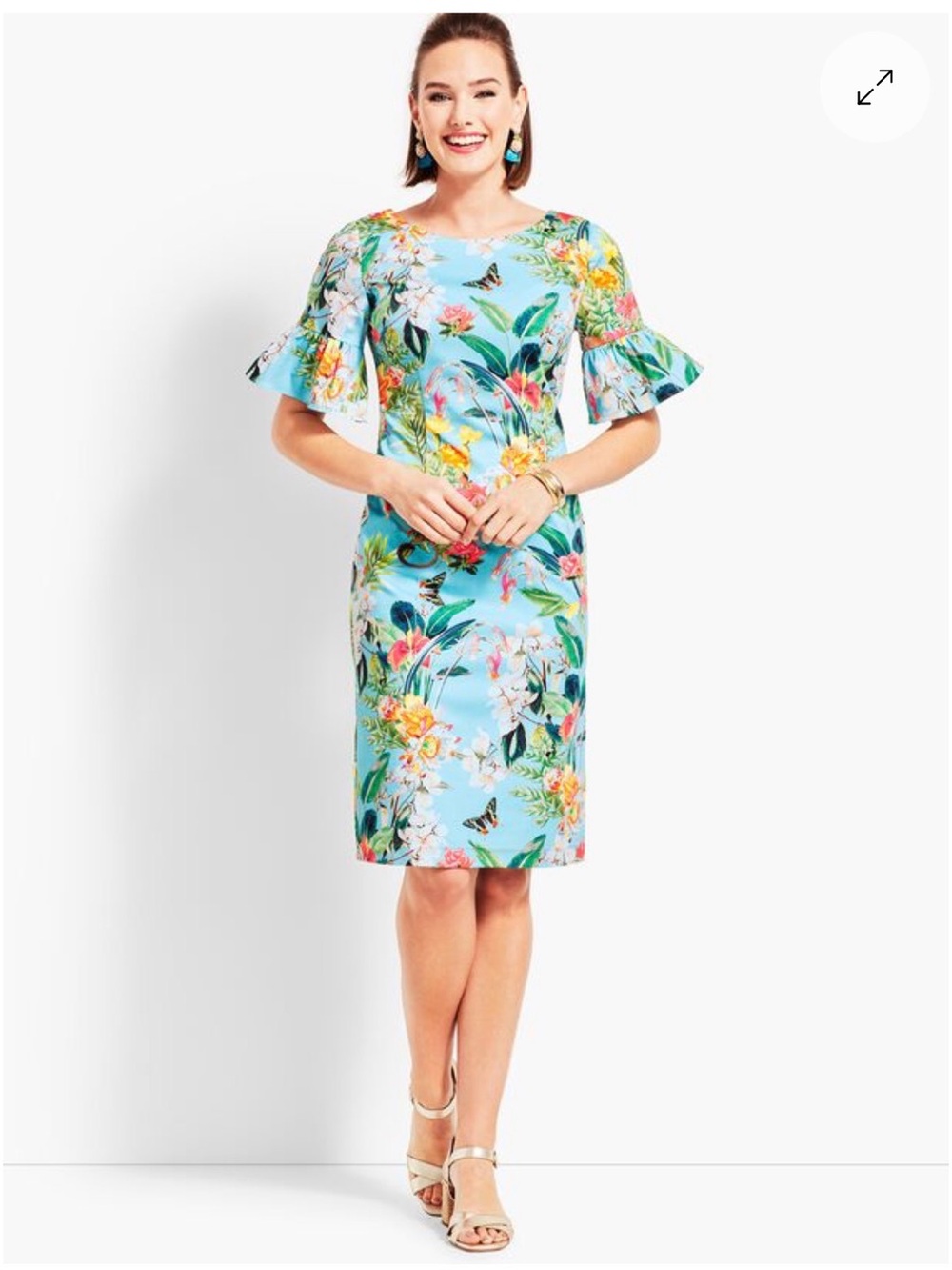 RSVP by Talbots Tropical Floral Midi Botanical Flounce-Sleeve Sheath Dress sz 12